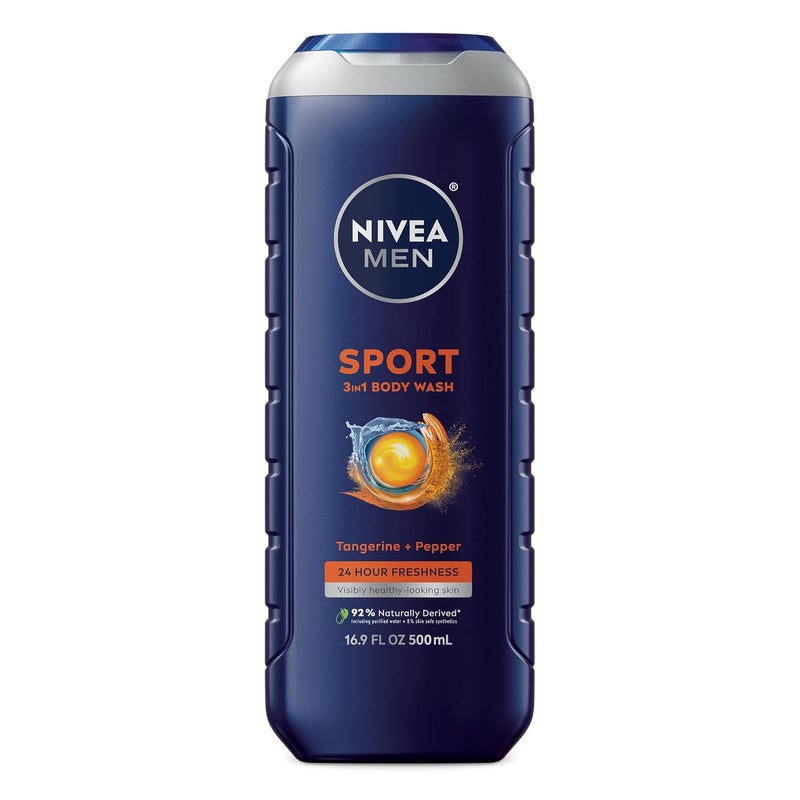NIVEA MEN Sport Body Wash with Revitalizing Minerals Tangerine and Pepper Scent 3in1 Mens Body Wash Face and Hair Paraben Free Vegan Formula 169 Fl Oz Bottle
