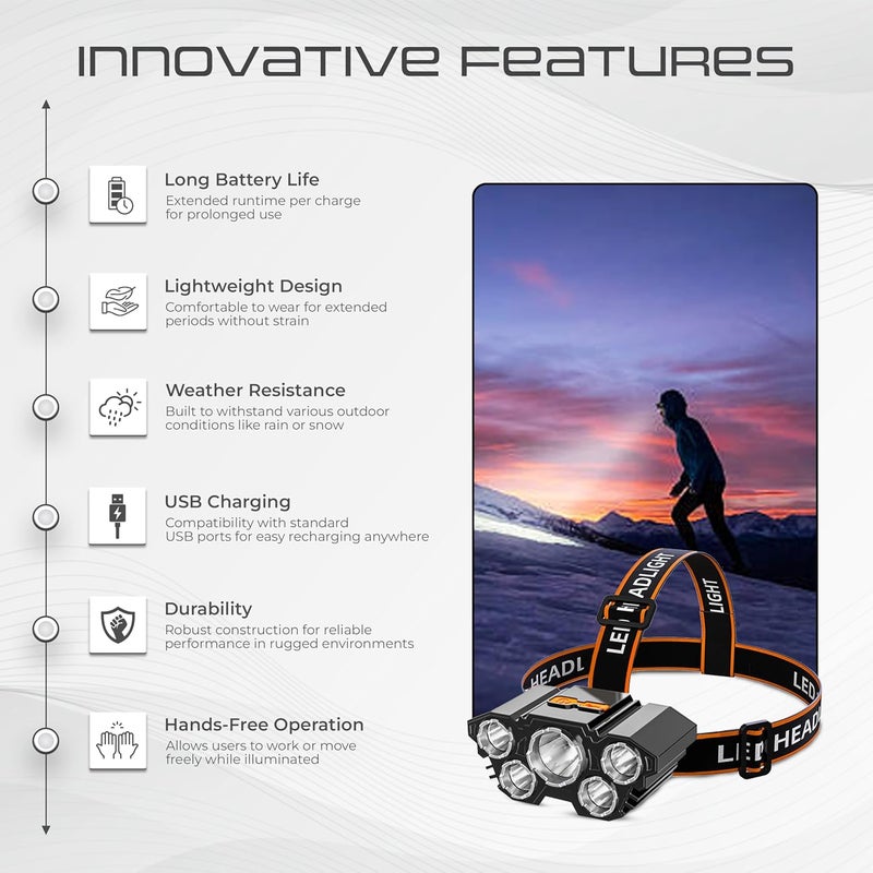 ROBUSTT مصباح رأس LED قابل لإعادة الشحن - حزام مرن قابل للتعديل، 15,000 لومن، شحن USB - مثالي للأنشطة الخارجية والأعمال التفصيلية (عبوة من 5) - Image 5