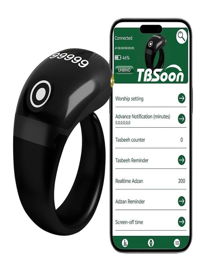 TBSoon Lightweight Tasbih Smart Ring, Tasbeeh Counters,Prayer Direction Indicator Guide,5 Azan Alarm Clock,Forgiveness,Electronic Rosary,Eid al-Fitr Eid al-Adha Ramadan Gift for men women-Black Pro with APP - Image 1