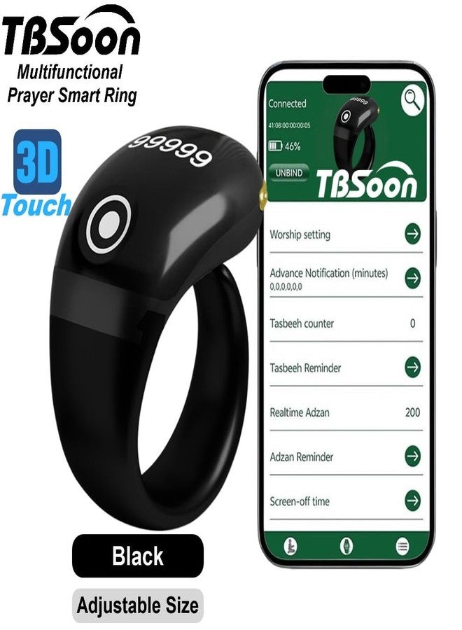 TBSoon Lightweight Tasbih Smart Ring, Tasbeeh Counters,Prayer Direction Indicator Guide,5 Azan Alarm Clock,Forgiveness,Electronic Rosary,Eid al-Fitr Eid al-Adha Ramadan Gift for men women-Black Pro with APP - Image 2