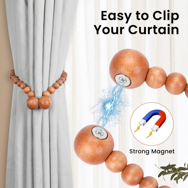 KLOGTSIND Magnetic Curtain Tiebacks, Curtain Tie Backs for Curtains 2 Pack, Wood Bead Curtain Tiebacks, Curtain Holders for Boho Bedroom Decor, Baby Nursery Decor, Farmhouse Decor - Image 2