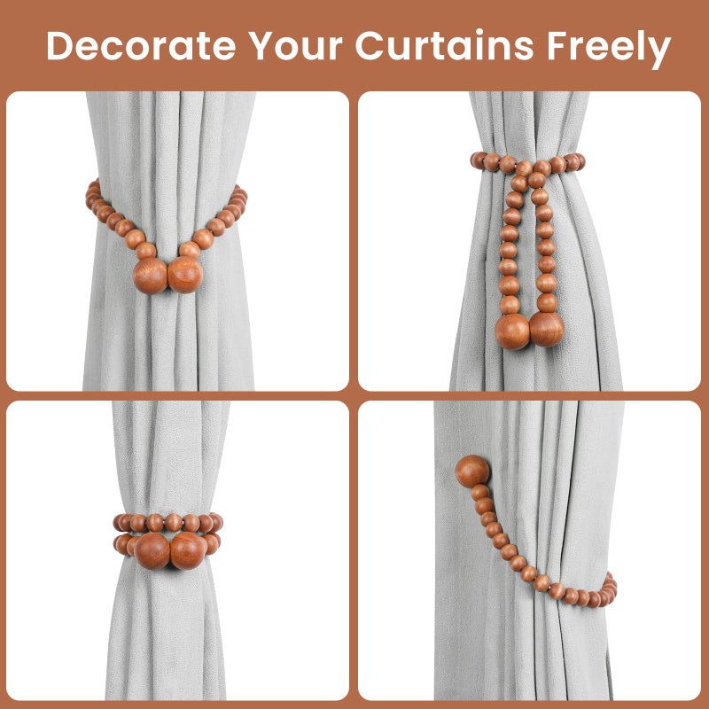 KLOGTSIND Magnetic Curtain Tiebacks, Curtain Tie Backs for Curtains 2 Pack, Wood Bead Curtain Tiebacks, Curtain Holders for Boho Bedroom Decor, Baby Nursery Decor, Farmhouse Decor - Image 4