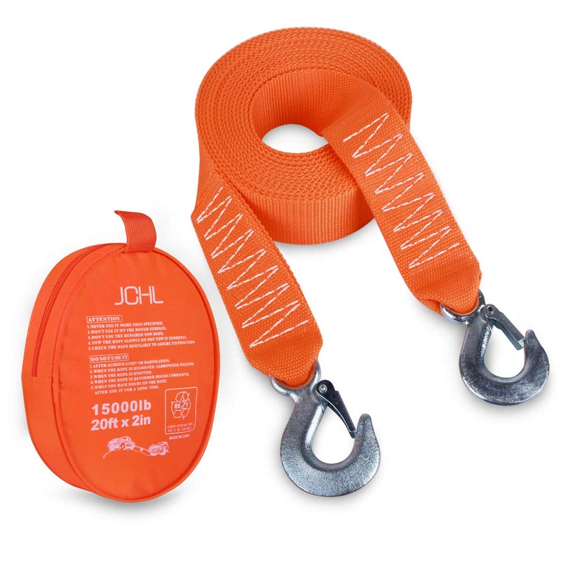 JCHL Tow Strap Heavy Duty with Hooks 2x20 15000LB Recovery Strap 68 Tons Towing Strap with Safety Hooks Polyester