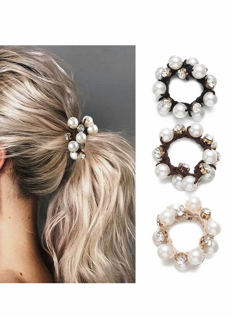 Y&D Hair Ties Black Elastic Scrunchies Pearl Bands Crystal Ropes Accessories for Women and Girls (Pack of 3)  - Image 1