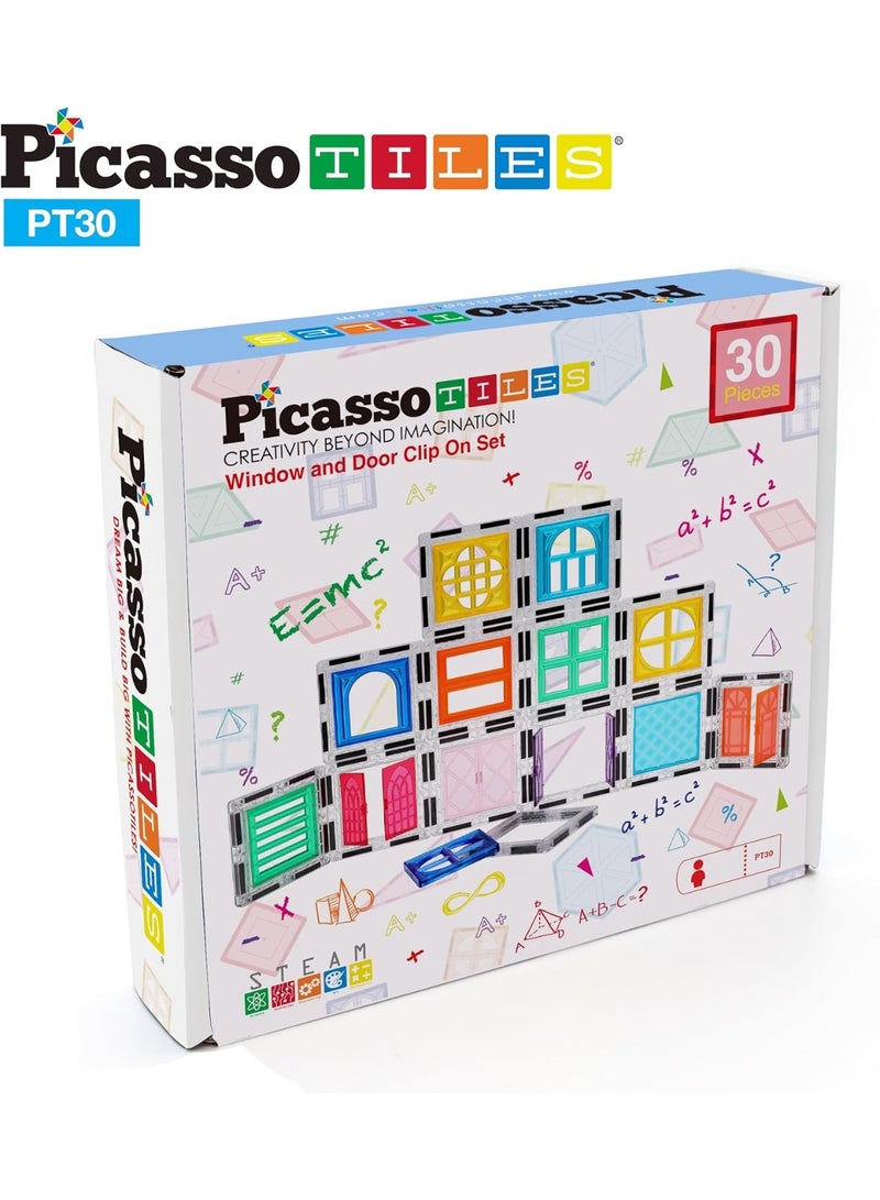 PicassoTiles مجموعة بيكاسو تايلز المغناطيسية للنوافذ والأبواب 30 قطعة | متوافقة مع بلاطات مغناطيسية | كتل بناء | ألعاب STEM | مجموعة ألعاب تعليمية | كتل تكديس | مجموعة بناء للتطوير العقلي للأطفال - Image 1