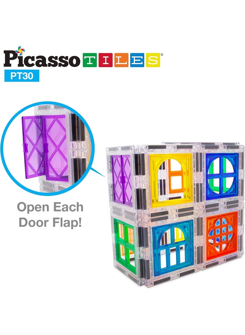 PicassoTiles مجموعة بيكاسو تايلز المغناطيسية للنوافذ والأبواب 30 قطعة | متوافقة مع بلاطات مغناطيسية | كتل بناء | ألعاب STEM | مجموعة ألعاب تعليمية | كتل تكديس | مجموعة بناء للتطوير العقلي للأطفال - Image 2
