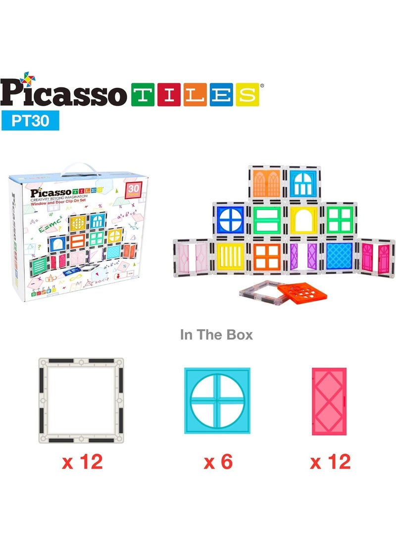 PicassoTiles مجموعة بيكاسو تايلز المغناطيسية للنوافذ والأبواب 30 قطعة | متوافقة مع بلاطات مغناطيسية | كتل بناء | ألعاب STEM | مجموعة ألعاب تعليمية | كتل تكديس | مجموعة بناء للتطوير العقلي للأطفال - Image 3
