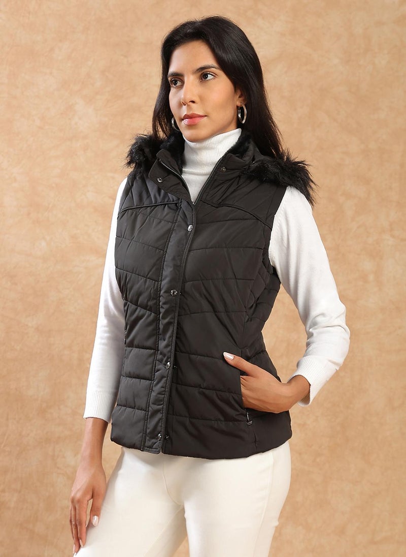 Globus Women Black Mock Neck Winter Wear Insulator Puffer Vest Jacket With Detachable Faux Fur Hood - Image 1
