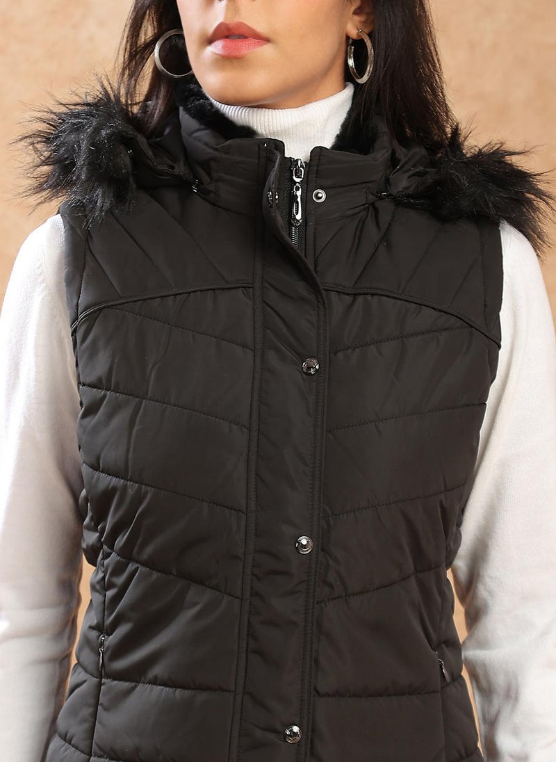 Globus Women Black Mock Neck Winter Wear Insulator Puffer Vest Jacket With Detachable Faux Fur Hood - Image 5