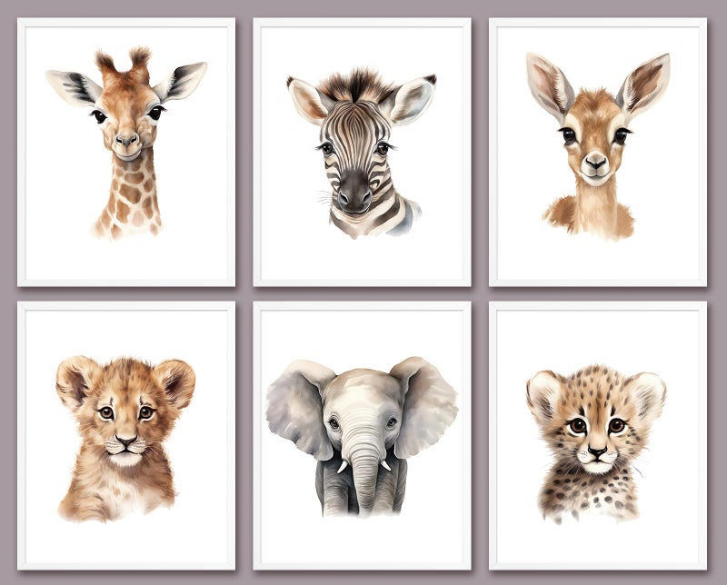 VicBou 6 PCS Cartoon Animals Wall Art Nursery Decor Cute Elephant Giraffe Leopard Zebra Deer Inspirational Wall Decor Unframed Posters Nursery Print Paintings Artwork for Home Bedroom Living Room 8x10 In - Image 1