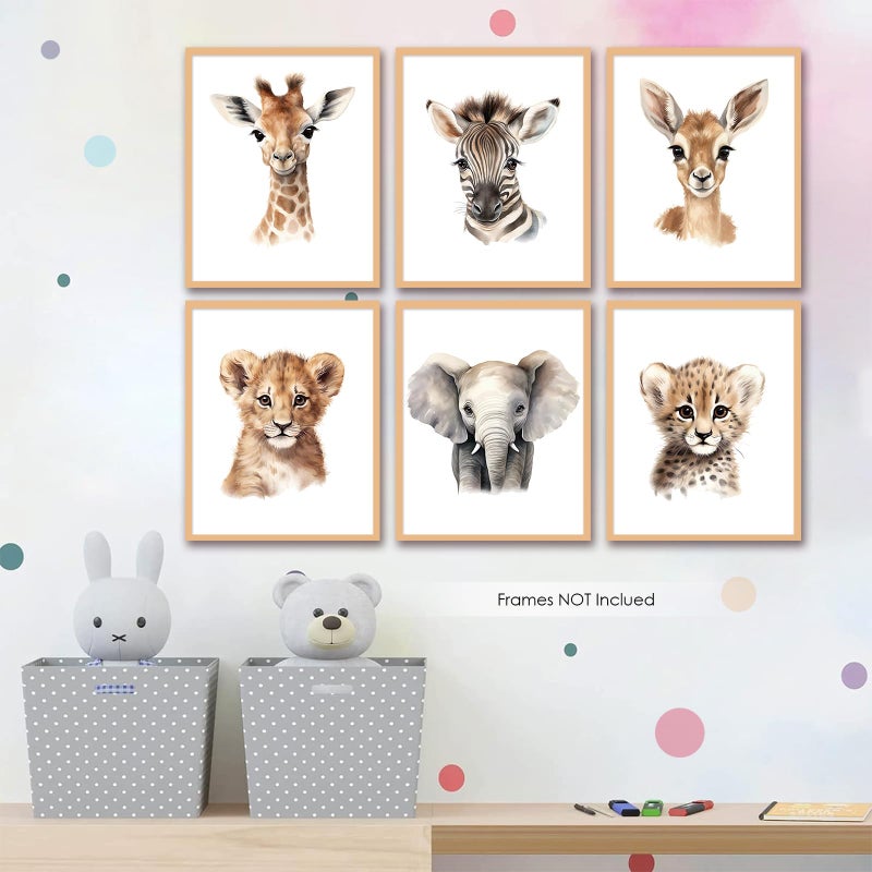 VicBou 6 PCS Cartoon Animals Wall Art Nursery Decor Cute Elephant Giraffe Leopard Zebra Deer Inspirational Wall Decor Unframed Posters Nursery Print Paintings Artwork for Home Bedroom Living Room 8x10 In - Image 2
