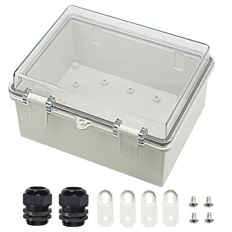 Zulkit Junction Box ABS Plastic Dustproof Waterproof IP65 Electrical Boxes Hinged Shell Outdoor Universal Project Enclosure Clear Cover with 2 Cable Glands 87 x 67 x 43 inch 220x170x110 mm