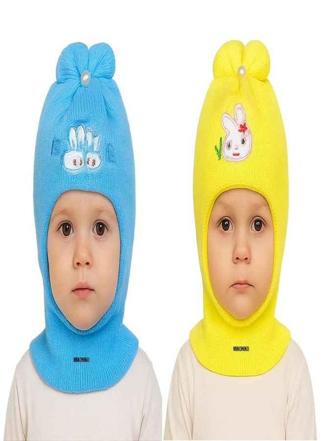 MIKONIKO Baby Boys & Girls Woolen Monkey Cap - Pack of 2 | Soft & Warm Full Coverage Beanie for Head, Ears & Neck | Stretchable Winter Cap (Blue|Yellow) Ideal for 6 Months to 12 Months - Image 1