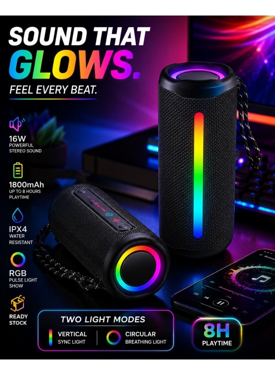 Wireless Bluetooth 5.3 Speaker, 16W Stereo Sound with Dual Drivers, RGB Music Rhythm Lights, IPX4 Splashproof, TWS & Hands-Free, Black