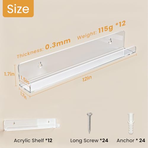 Laurensory 12 Pack Vinyl Record Shelf Wall Mount, 12-Inch Clear Acrylic Album Storage Holder, Floating Display Shelves for Wall Decor, Magazine Shelf, Kids Bookshelf, Suitable for Bedroom, Living Room - Image 4