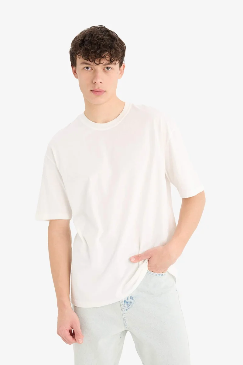 ديفاكتو Cotton Oversize Crew Neck Basic White T-Shirt