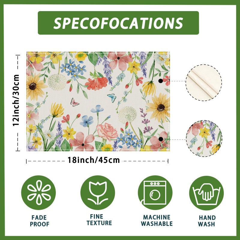 XCHI Watercolor Wildflowers Spring Placemats Set of 4 Summer Table Mats for Party Home Kitchen Dining Table Decorations 12x18 Inch - Image 5