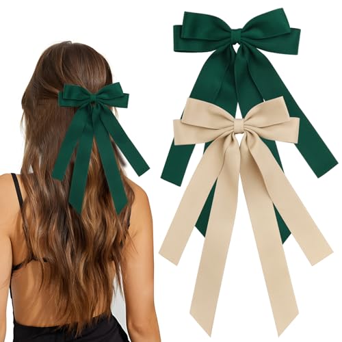 MIKONIKO Bow Hair Clips 2PCS Set for Women and Girls Black White Ribbon Bows for Hair with Long Tail Alligator Clip Green Khaki - Image 1