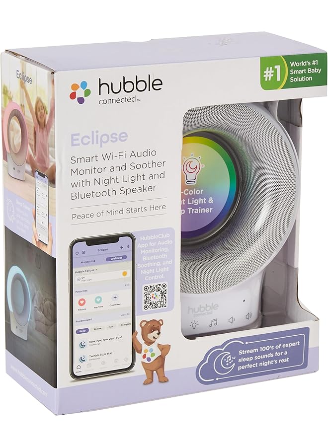 هابل متصل جهاز مراقبة الطفل الصوتي الذكي Eclipse بتقنية Wi Fi مع 7 ألوان ضوء ليلي ومدرب للنوم وتهويدات محملة مسبقًا ومكبر صوت بلوتوث - Image 1