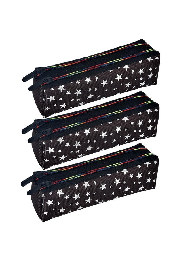 Kuber Industries Kuber Industries Pencil Pouch|Rexine Stationary Pouch|Pencil Utility Pouch|School Pencil Case for Kids|Pen-Pencil Box for Kids|2 Zipper Pencil Organizer|Star Pencil Pouch|Pack of 3|Black  - Image 1