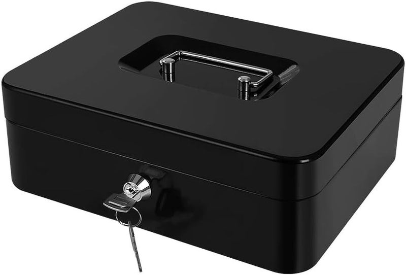 Wosta Cash Money Safe Box - Compact Solid Steel Lockable Security Storage Chest for Loose Money, Coins, Change & Valuables with 2 Keys - Removable Tray with 5 Coin Sections, 1 Bill Section - 8 Inch - Image 1