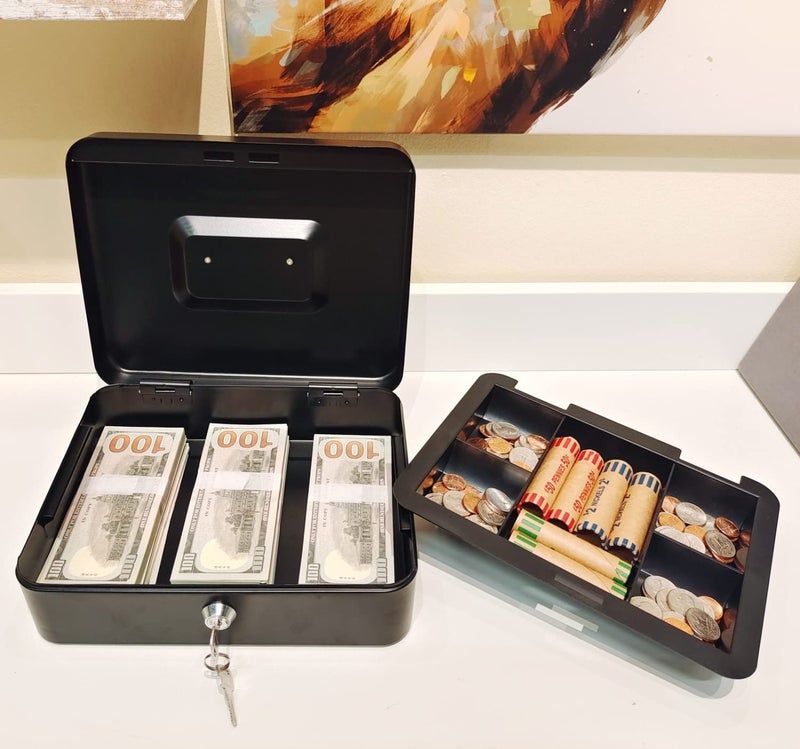 Wosta Cash Money Safe Box - Compact Solid Steel Lockable Security Storage Chest for Loose Money, Coins, Change & Valuables with 2 Keys - Removable Tray with 5 Coin Sections, 1 Bill Section - 8 Inch - Image 2