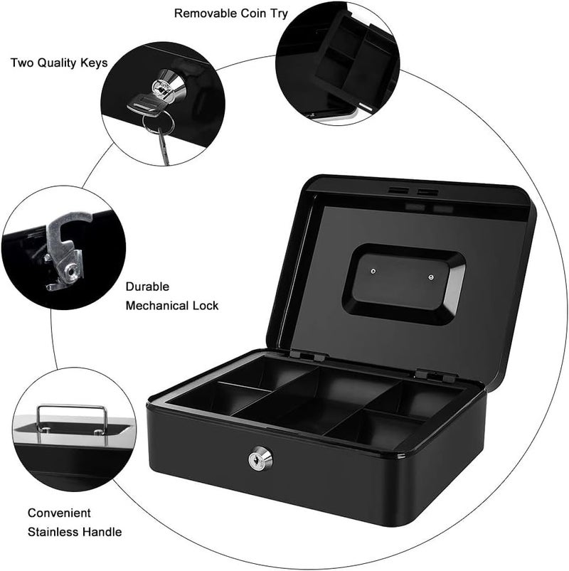 Wosta Cash Money Safe Box - Compact Solid Steel Lockable Security Storage Chest for Loose Money, Coins, Change & Valuables with 2 Keys - Removable Tray with 5 Coin Sections, 1 Bill Section - 8 Inch - Image 4