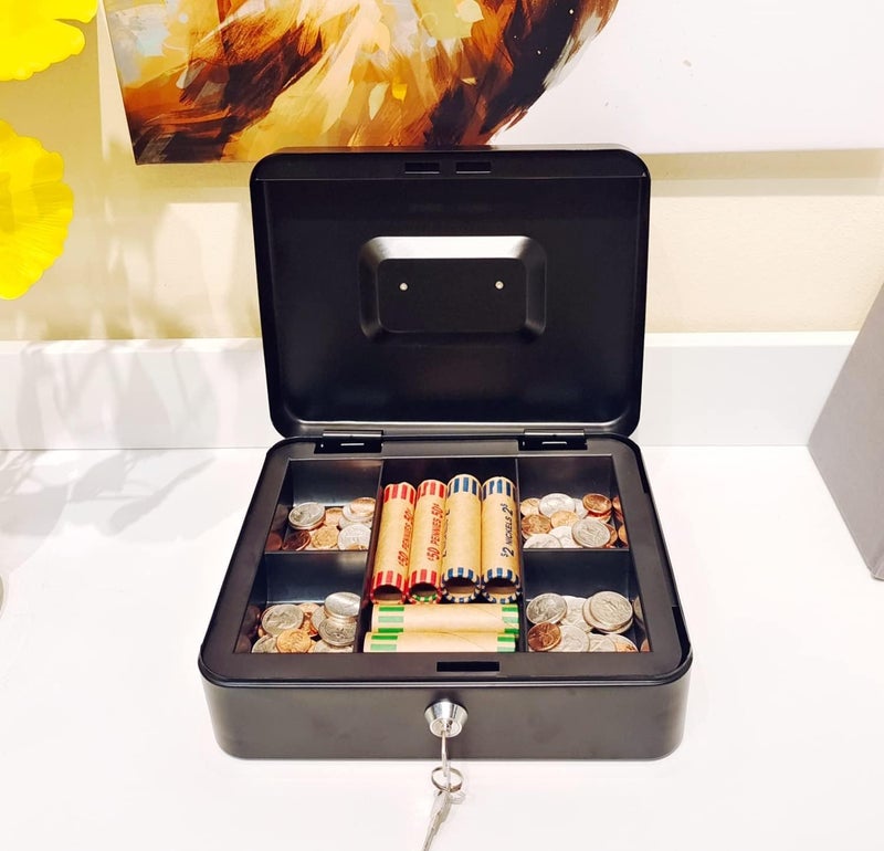 Wosta Cash Money Safe Box - Compact Solid Steel Lockable Security Storage Chest for Loose Money, Coins, Change & Valuables with 2 Keys - Removable Tray with 5 Coin Sections, 1 Bill Section - 8 Inch - Image 3