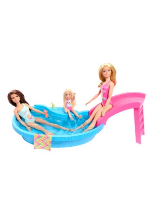Doll And Pool Playset, Blonde In Tropical Pink One-Piece Swimsuit With Pool, Slide, Towel And Drink Accessories - view 4