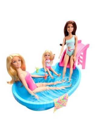 Doll And Pool Playset, Blonde In Tropical Pink One-Piece Swimsuit With Pool, Slide, Towel And Drink Accessories - view 5