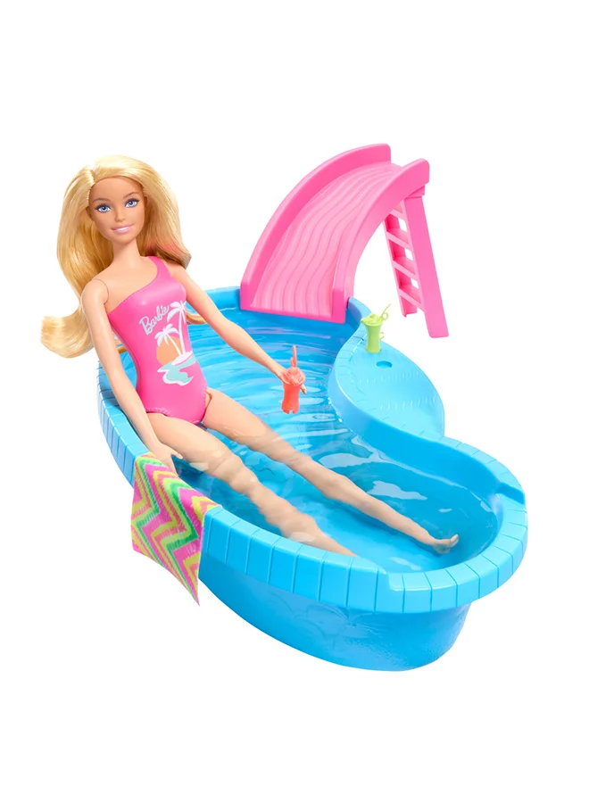 Barbie Doll And Pool Playset, Blonde In Tropical Pink One-Piece Swimsuit With Pool, Slide, Towel And Drink Accessories
