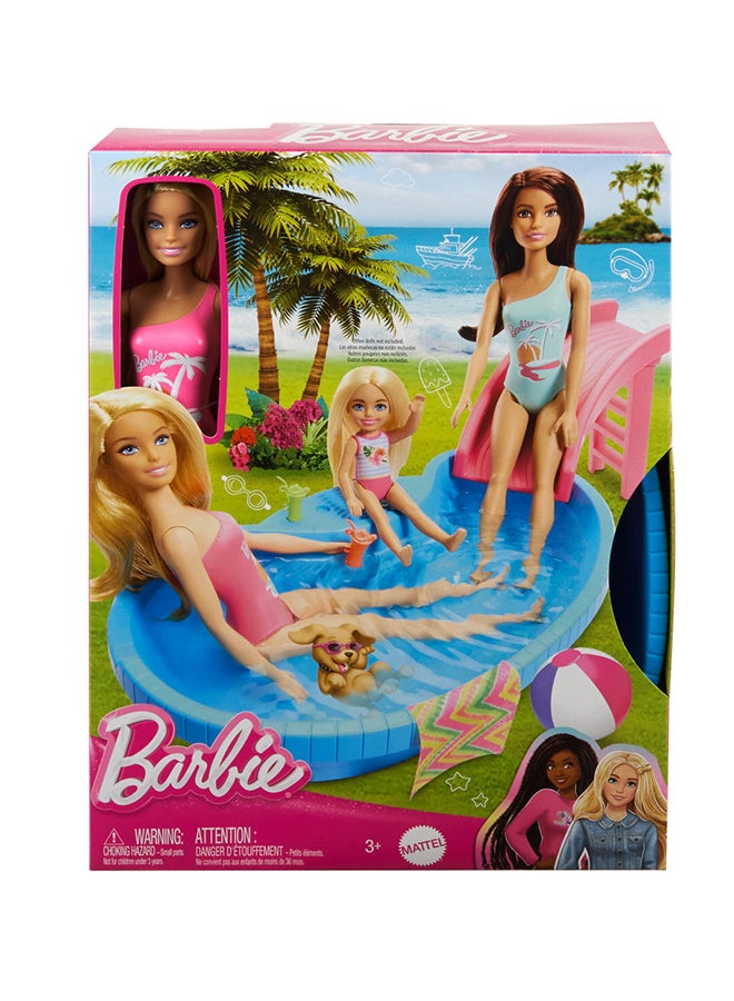 Barbie Doll And Pool Playset, Blonde In Tropical Pink One-Piece Swimsuit With Pool, Slide, Towel And Drink Accessories - Image 3