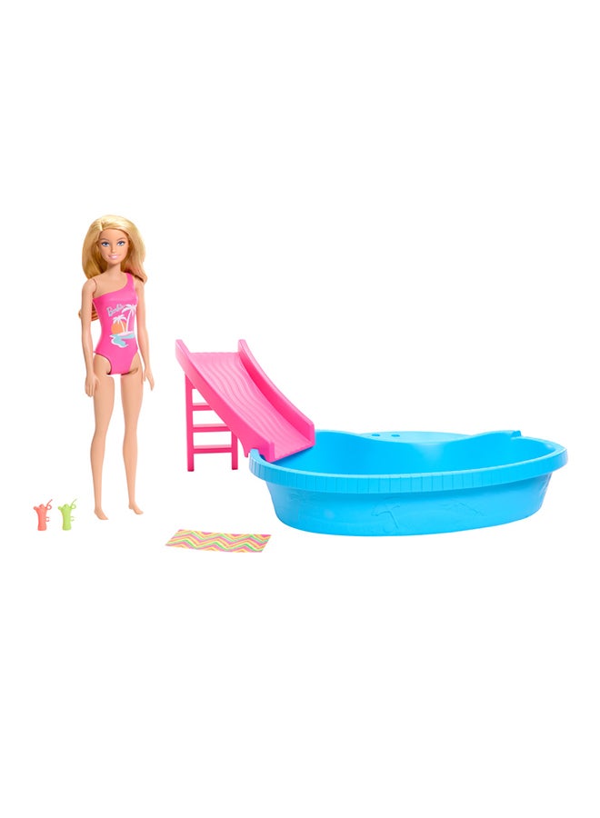 Barbie Doll And Pool Playset, Blonde In Tropical Pink One-Piece Swimsuit With Pool, Slide, Towel And Drink Accessories - Image 2