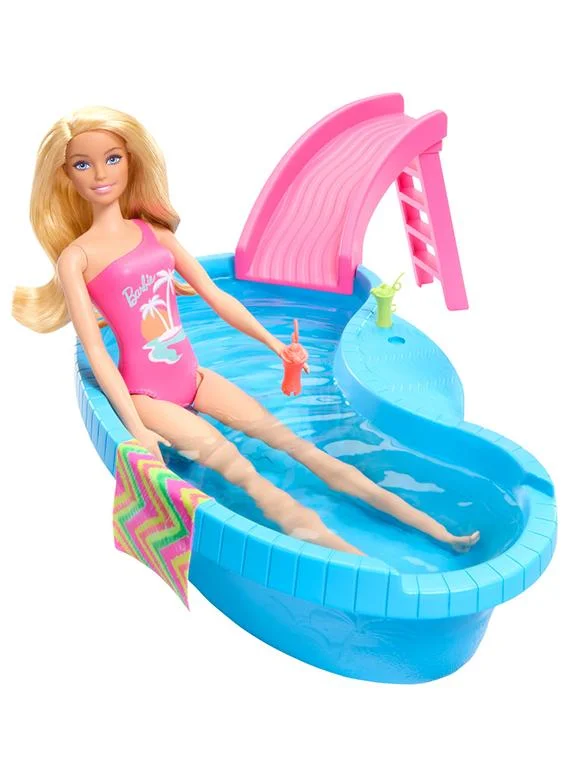 Barbie Doll And Pool Playset, Blonde In Tropical Pink One-Piece Swimsuit With Pool, Slide, Towel And Drink Accessories