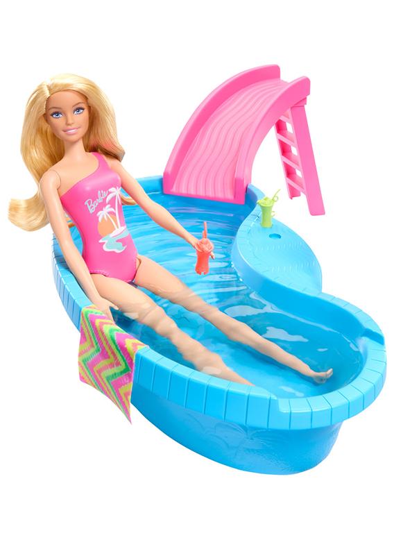 Barbie Doll And Pool Playset, Blonde In Tropical Pink One-Piece Swimsuit With Pool, Slide, Towel And Drink Accessories - Image 1
