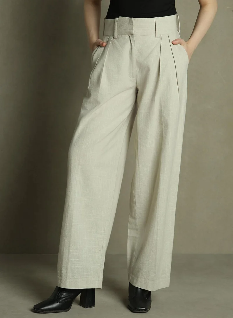 Dennis Lingo Grey Relaxed Fit Pleated Trousers for Women - Cotton Poplin, Full Length, Mid Rise, Casual,