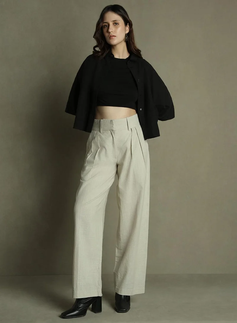 Dennis Lingo Grey Relaxed Fit Pleated Trousers for Women - Cotton Poplin, Full Length, Mid Rise, Casual,