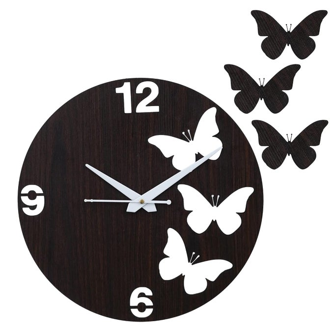 PREMIUM BUTTERFLY WOODEN WALL CLOCK FOR HOME AND OFFICE DECOR| THREE OUTER BUTTERFLIES WALL CLOCK FOR BEDROOM,LIVING ROOM| (12 INCHES, BROWN)