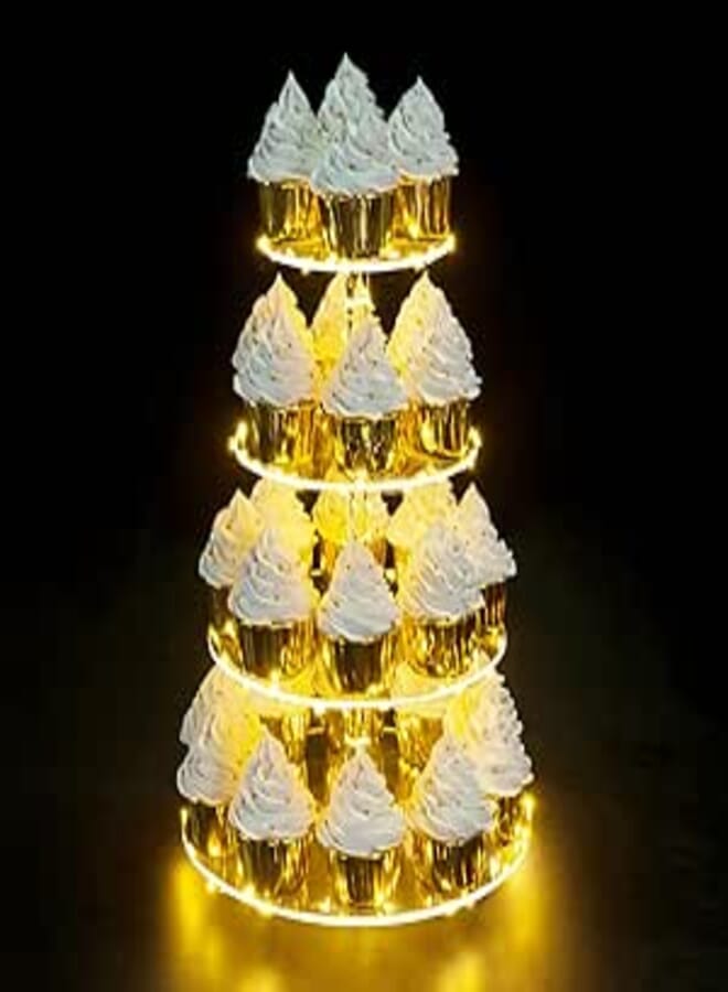 OLACHIKKO Cupcake Stand, 4-Tier Round Cupcake Holder with LED light String, Acrylic Cupcake Tower Display-Dessert Tower-Pastry Stand-Cupcake Tier Stand for Wedding, Birthday party ( Yellow Light)