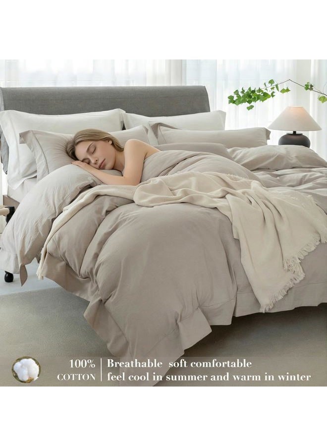 ELIMMO Bedding Duvet Cover Set Linen Like Texture 100% Cotton 3 Pieces with Zipper Closure Super Soft Cozy Breathable Natural Dreamy Chic Feel (Hemmed Beige Grey,Oversized King) - Image 3