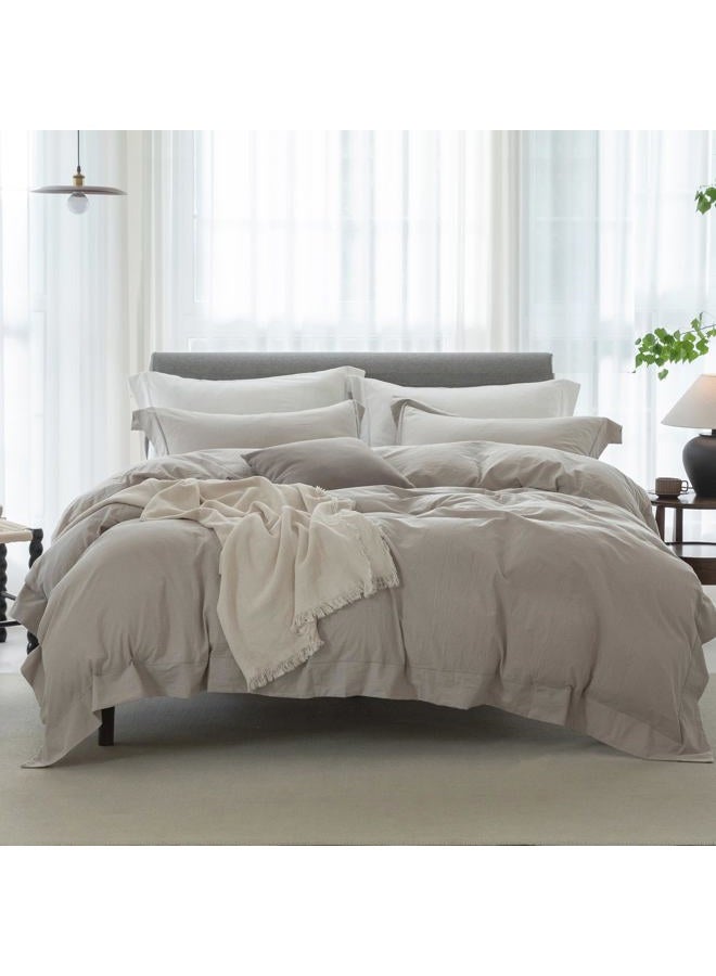 ELIMMO Bedding Duvet Cover Set Linen Like Texture 100% Cotton 3 Pieces with Zipper Closure Super Soft Cozy Breathable Natural Dreamy Chic Feel (Hemmed Beige Grey,Oversized King) - Image 1