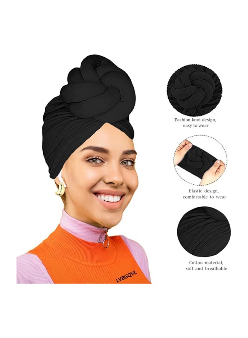 SOLARAE Women Turbans and Head Wraps, Women African Turban Flower Knot Pre-Tied Bonnet Beanie Cap Headwrap, Stretch Jersey Turban Head Wrap, Urban Hair Wrap Scarf (Black, Beige) - Image 2