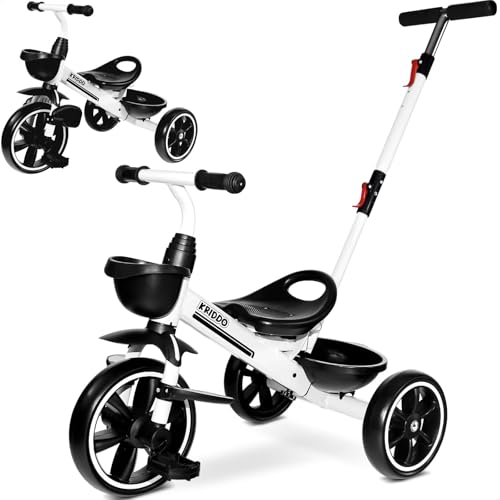 KRIDDO 2in1 Toddler Tricycle for Ages 18 Months to 5 Years Old Extended Push Handle for Effortless Push Gift Trike for Toddler 3 to 5 Year Kids Tricycle with Foldable Front Footrest White - Image 1