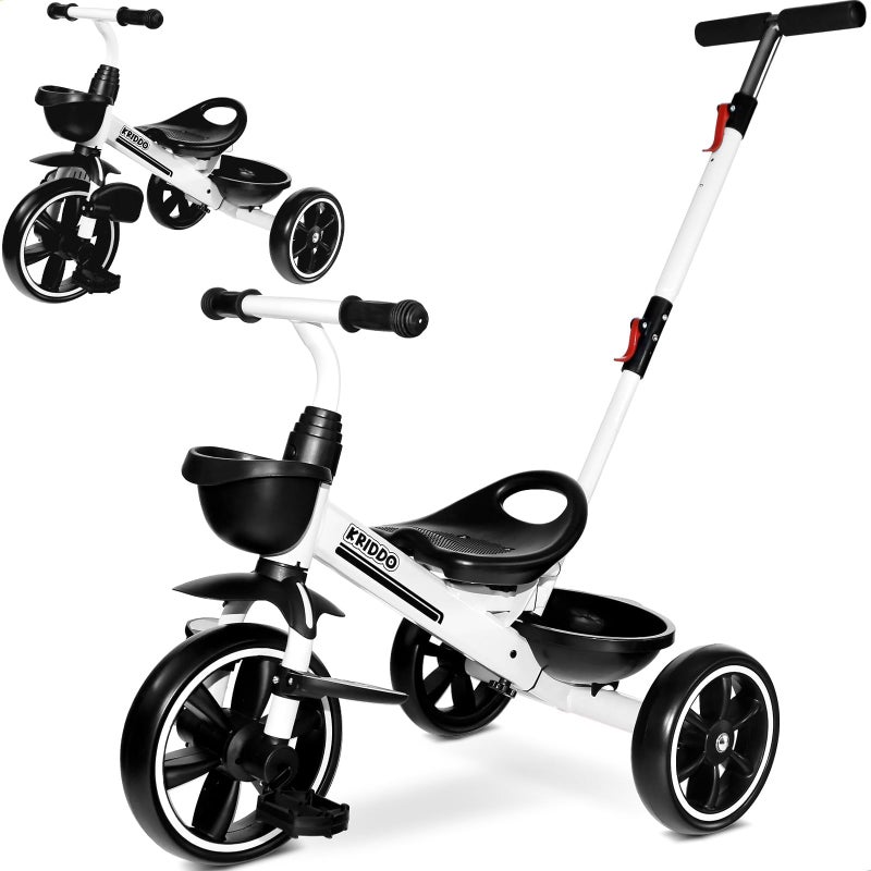 KRIDDO 2in1 Toddler Tricycle for Ages 18 Months to 5 Years Old Extended Push Handle for Effortless Push Gift Trike for Toddler 3 to 5 Year Kids Tricycle with Foldable Front Footrest White - Image 2