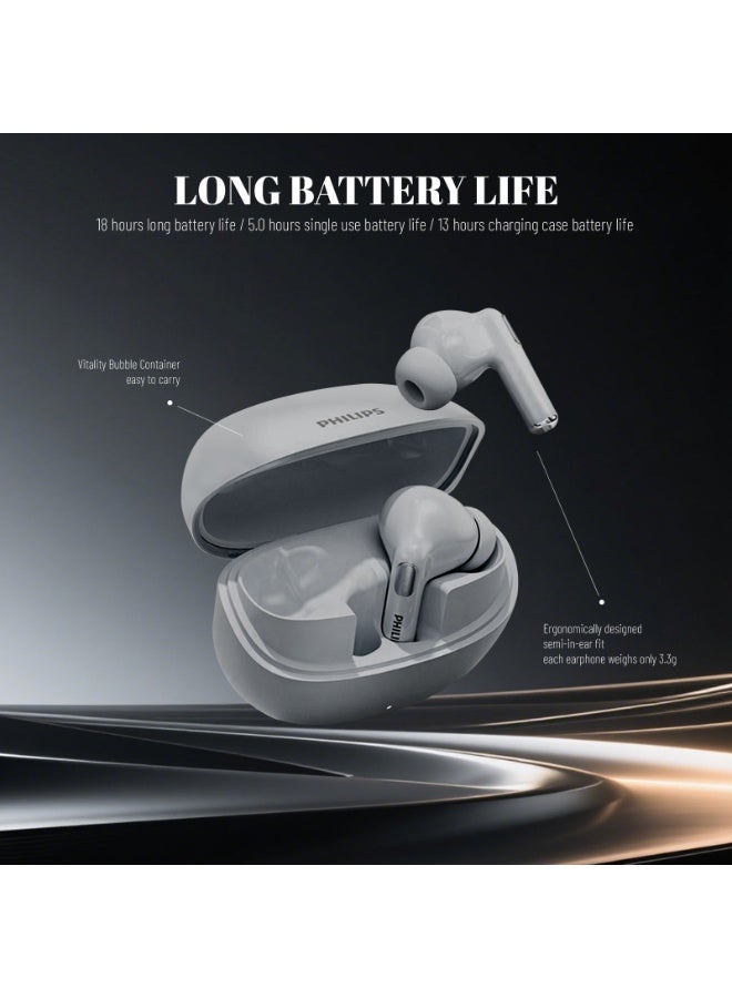 Philips TAT1120,Earphone, True Wireless Earbuds,In-Ear Headphones,IP54 Water and Dust Proof with  ANC,AI Call Noise Reduction, Hi-Fi Spatial Audio, 3D Immersive Sound,Low Latency for Sports, Work, Travel , Grey - Image 3