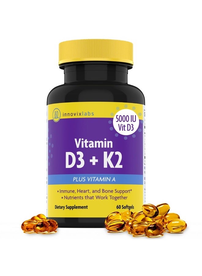 InnovixLabs مكمل فيتامين D3 K2 - ADK مع فيتامين D3 5000 وحدة دولية وفيتامين A - 600 ميكروغرام فيتامين K2 MK7 MK4 - D و K لامتصاص الكالسيوم الأمثل، صحة العظام ودعم المناعة، 60 كبسولة - Image 1
