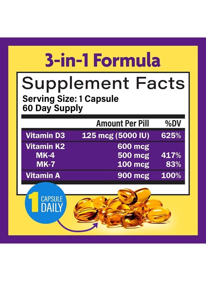 InnovixLabs مكمل فيتامين D3 K2 - ADK مع فيتامين D3 5000 وحدة دولية وفيتامين A - 600 ميكروغرام فيتامين K2 MK7 MK4 - D و K لامتصاص الكالسيوم الأمثل، صحة العظام ودعم المناعة، 60 كبسولة - Image 3