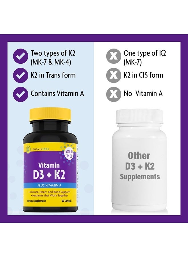 InnovixLabs مكمل فيتامين D3 K2 - ADK مع فيتامين D3 5000 وحدة دولية وفيتامين A - 600 ميكروغرام فيتامين K2 MK7 MK4 - D و K لامتصاص الكالسيوم الأمثل، صحة العظام ودعم المناعة، 60 كبسولة - Image 5