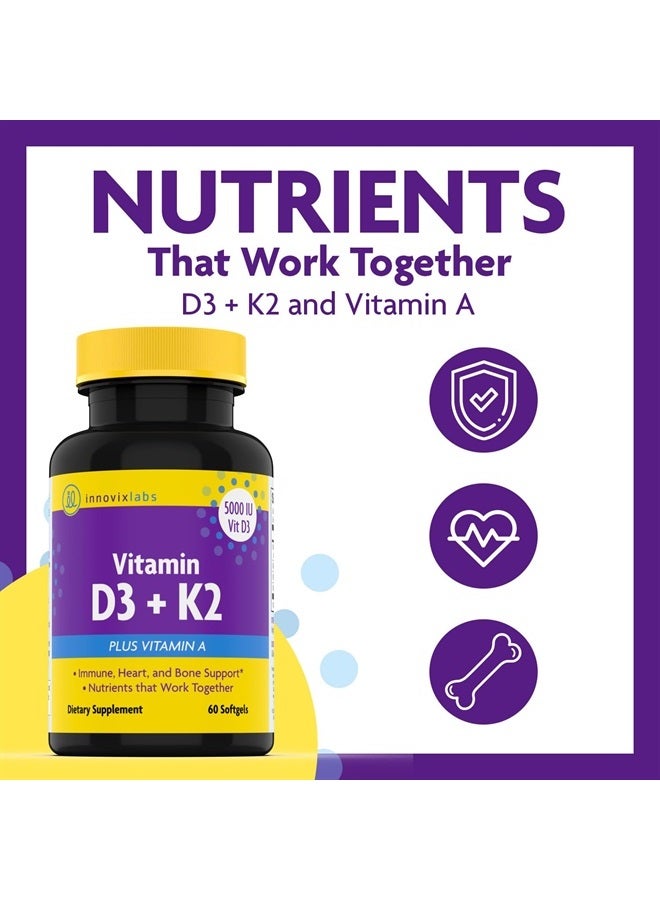 InnovixLabs مكمل فيتامين D3 K2 - ADK مع فيتامين D3 5000 وحدة دولية وفيتامين A - 600 ميكروغرام فيتامين K2 MK7 MK4 - D و K لامتصاص الكالسيوم الأمثل، صحة العظام ودعم المناعة، 60 كبسولة - Image 2