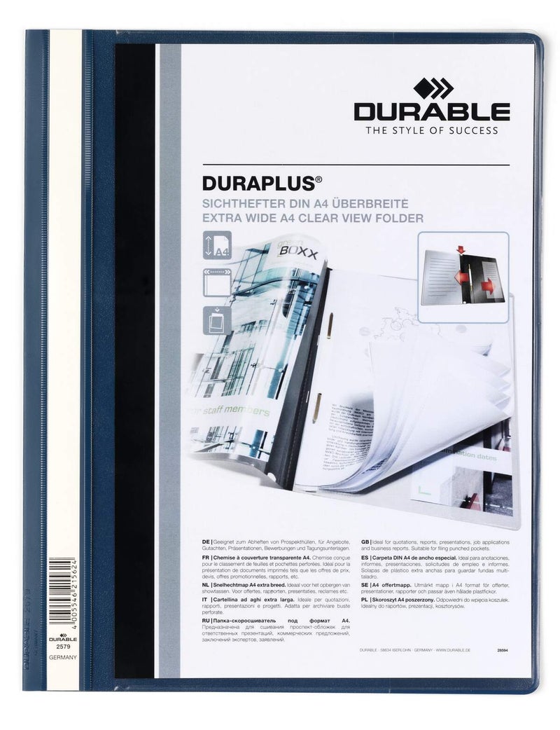 Durable Presentation File A4+ | Clear-view Transparent Front & Coloured Back, Extra-wide A4 file folder for documents with Removable Gold Filing Mechanism, Side Labelling, Inside Pocket — DURAPLUS - Image 1